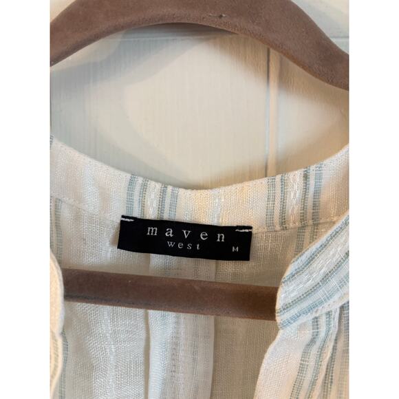 Maven West Women’s 100% linen Tank Top Striped V Neck Medium Beige Green - Picture 5 of 7